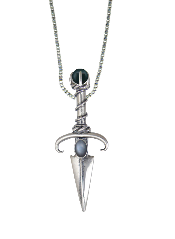 Sterling Silver Black Prince's Knife Dagger Pendant With Grey Moonstone And Bloodstone